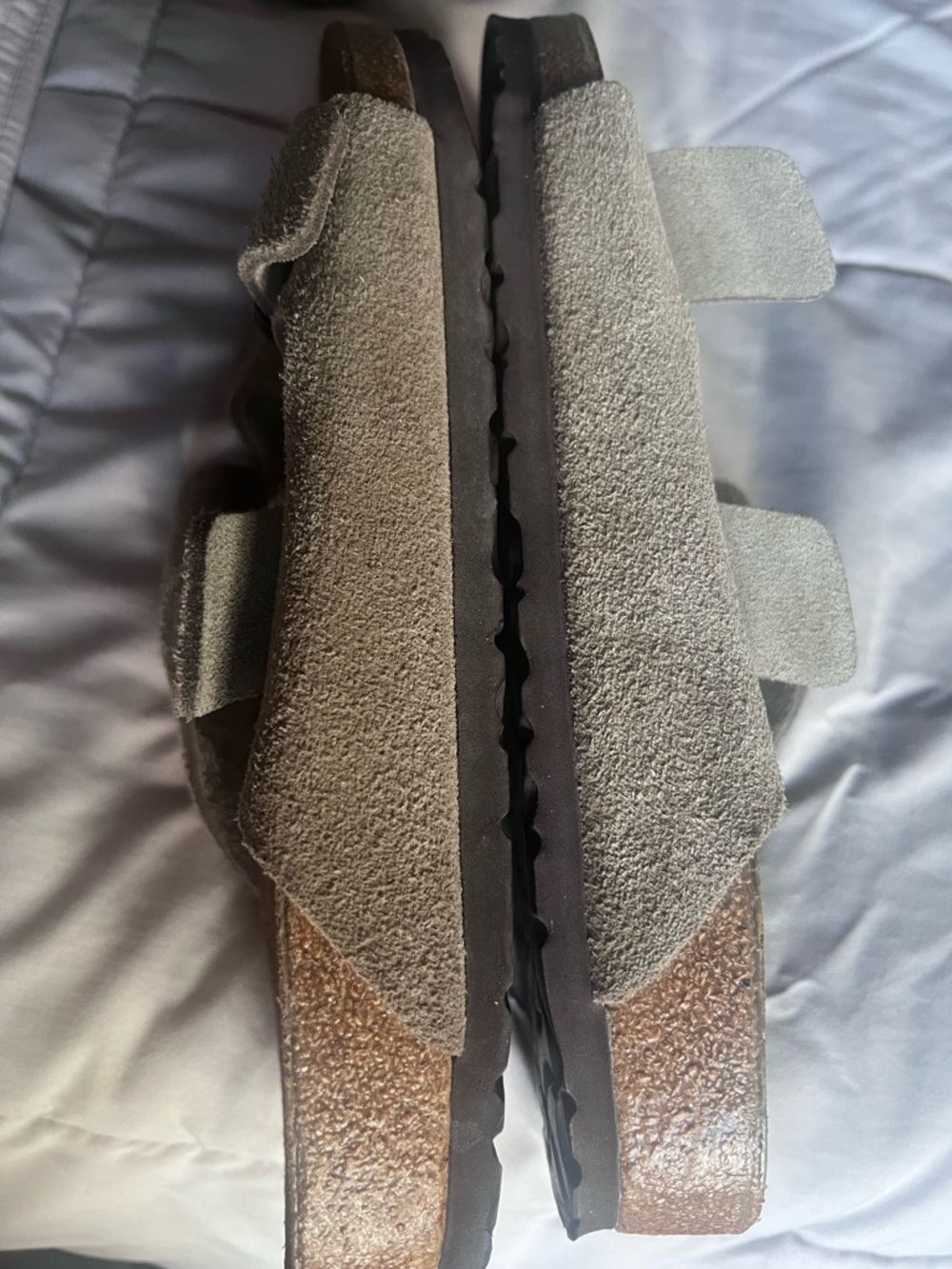 MAKE AN OFFER BIRKENSTOCK Arizona Taupe Suede Double-Buckle Slide Cork Sandals - Picture 8 of 11